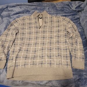 Nautica Men's Gray and Blue Checkered Quarter Zip-Up Sweater